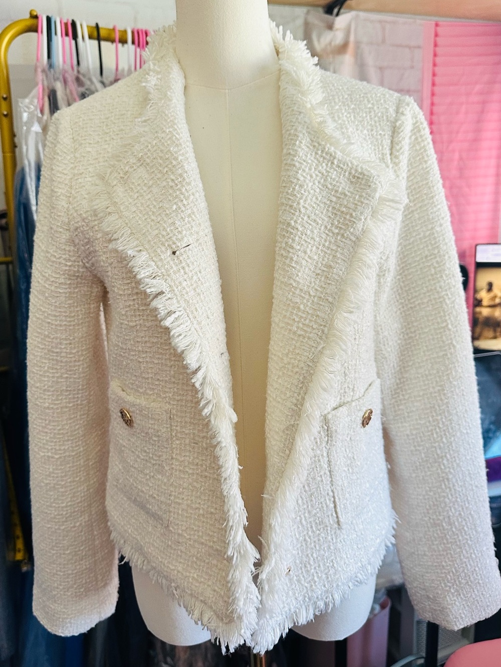 Rachel Zoe Ivory Tweed Fringe Gold Button Blazer - Picture 2 of 12